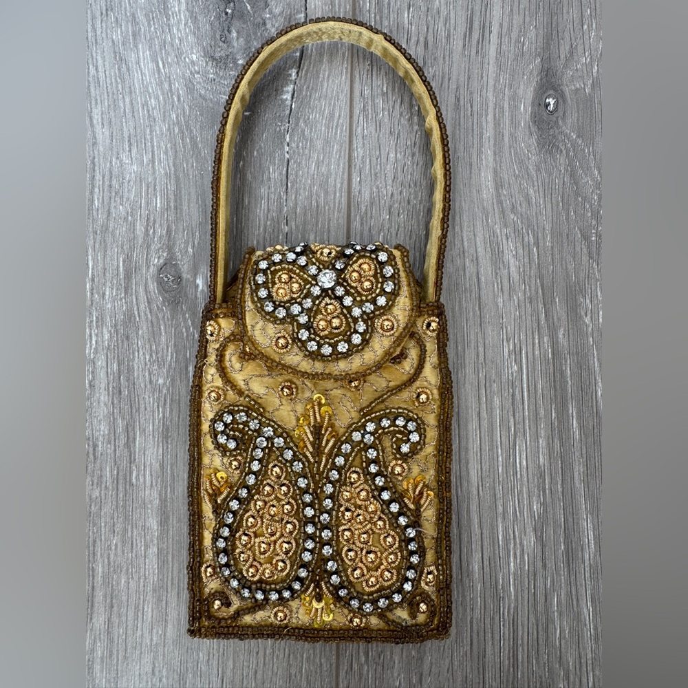 Unique Custom Vintage Gold Embroidered Beaded Paisley Boho Women's Mini Bag